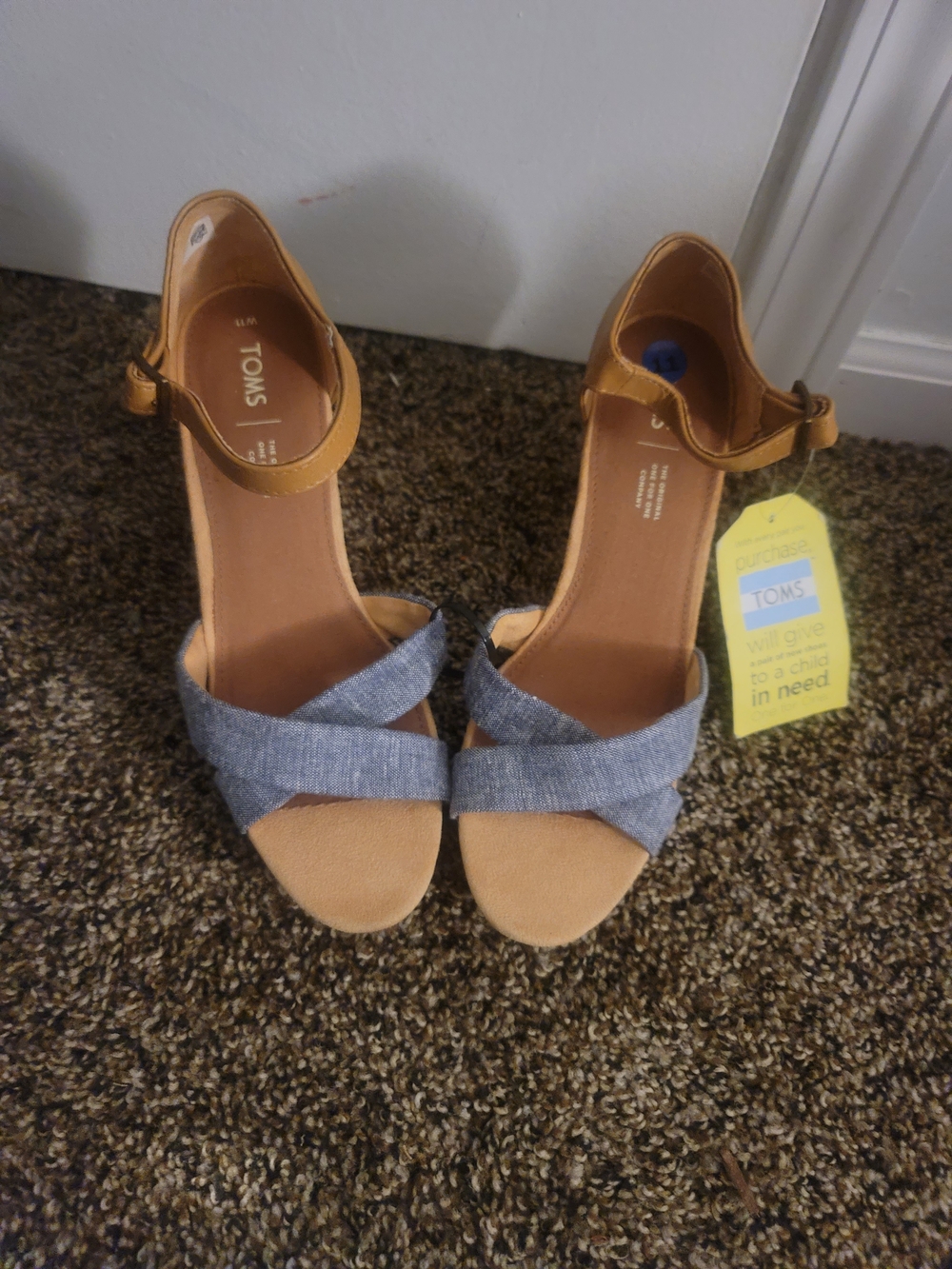 TOMS Denim Cross-Strap Sandal with Tan Ankle Strap